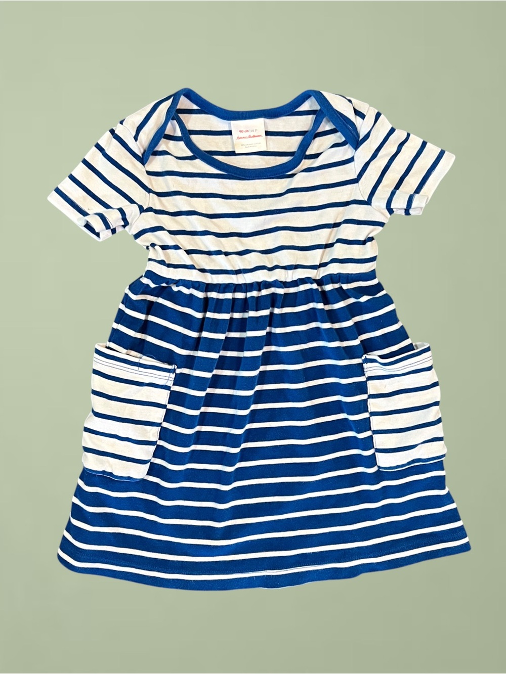 Hanna Andersson Blue & White Striped Knit Cotton Pocket Dress Sz 3T